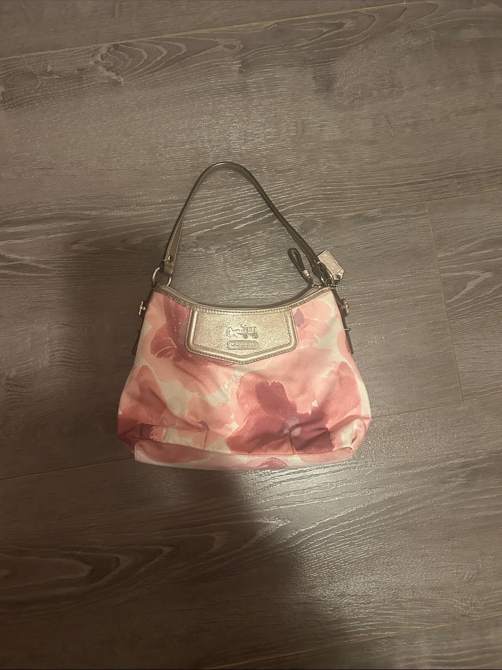 Coach Pink Floral Canvas Shoulder Bag with Metallic Trim